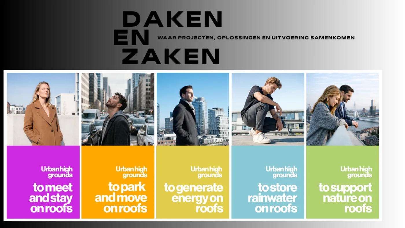 Vijf professionals op stedelijke daken bij de aankondiging van DAKEN & ZAKEN 2026 in Expo Houten