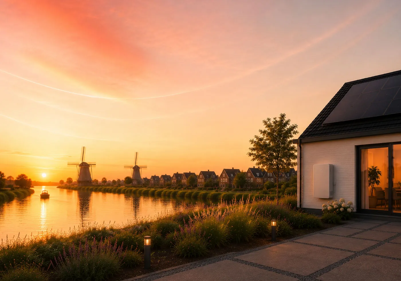 Thuisbatterij aan de gevel van een moderne woning met zonnepanelen bij zonsondergang, met Hollands polderlandschap en molens op de achtergrond