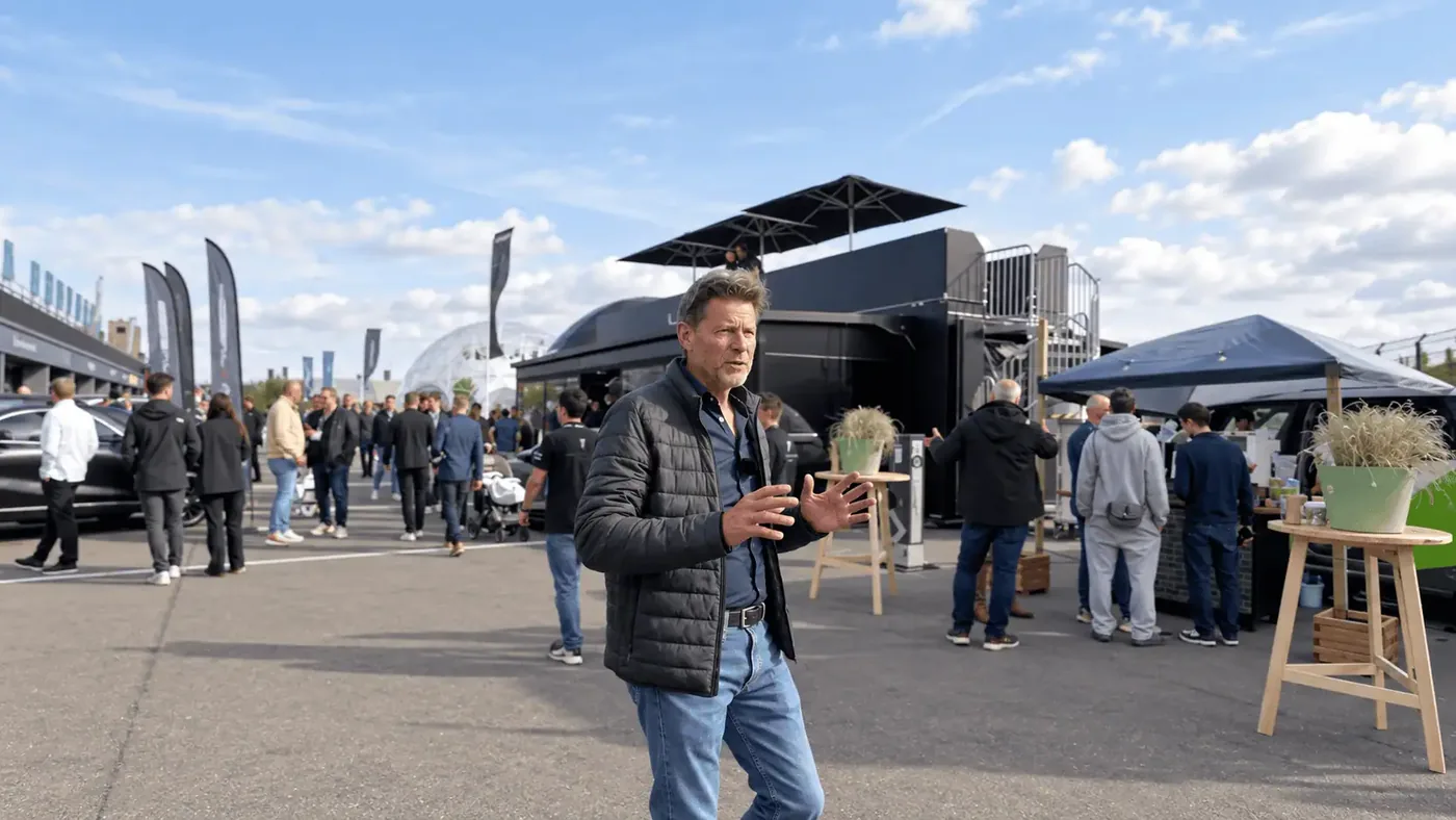 Jeroen Jonker praat met gebaren op een drukbezocht buitenevenement