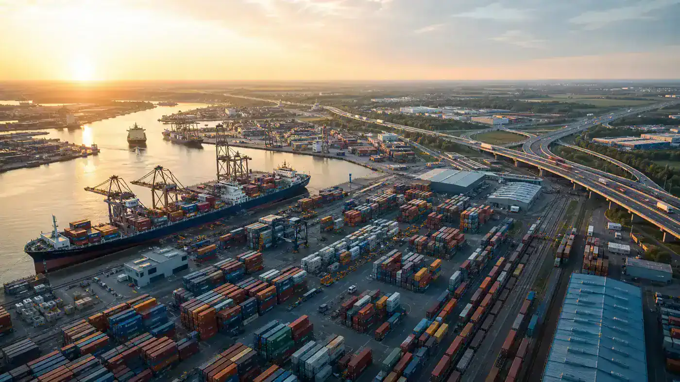 Luchtfoto van een Europese containerhaven bij zonsopgang met vrachtschepen, containers en een snelweg met vrachtverkeer op de achtergrond