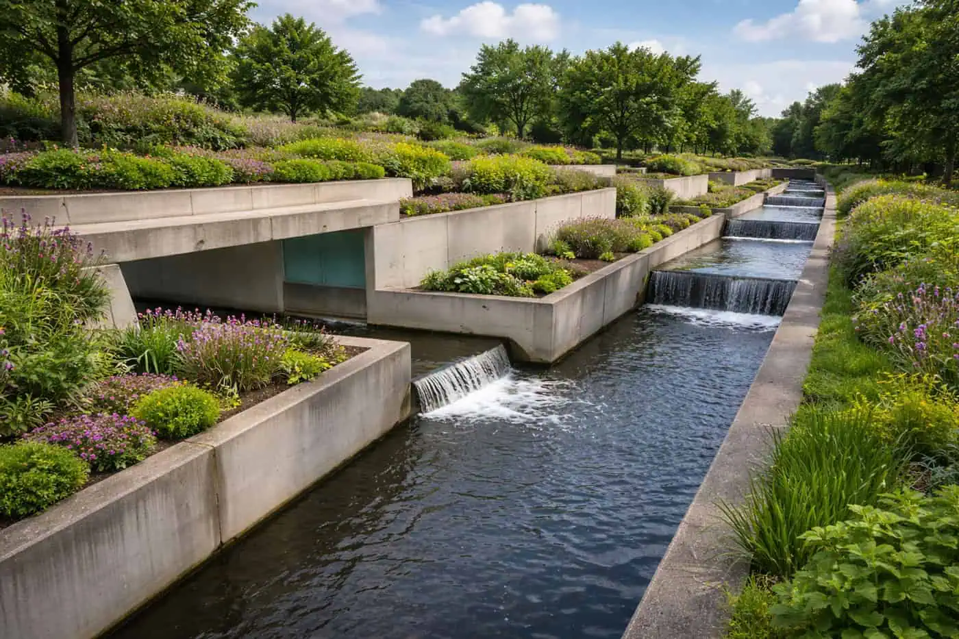 Stedelijk regenwater opvang systeem met slimme waterverdeling en groenvoorziening