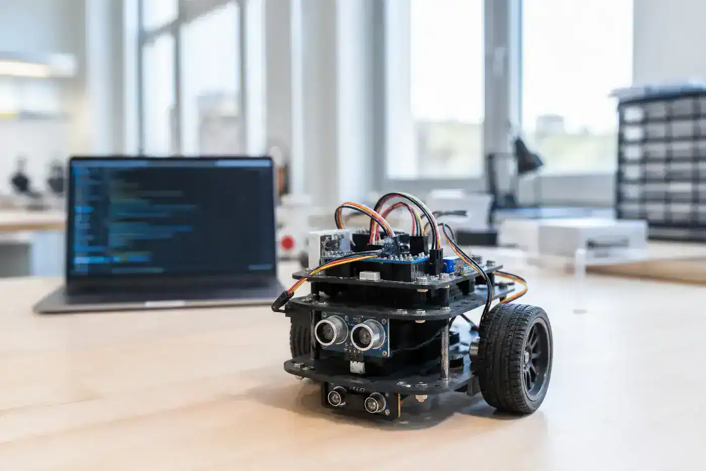 Modulair educatief robotplatform met sensoren en bekabeling op een werktafel, met een laptop met code op de achtergrond