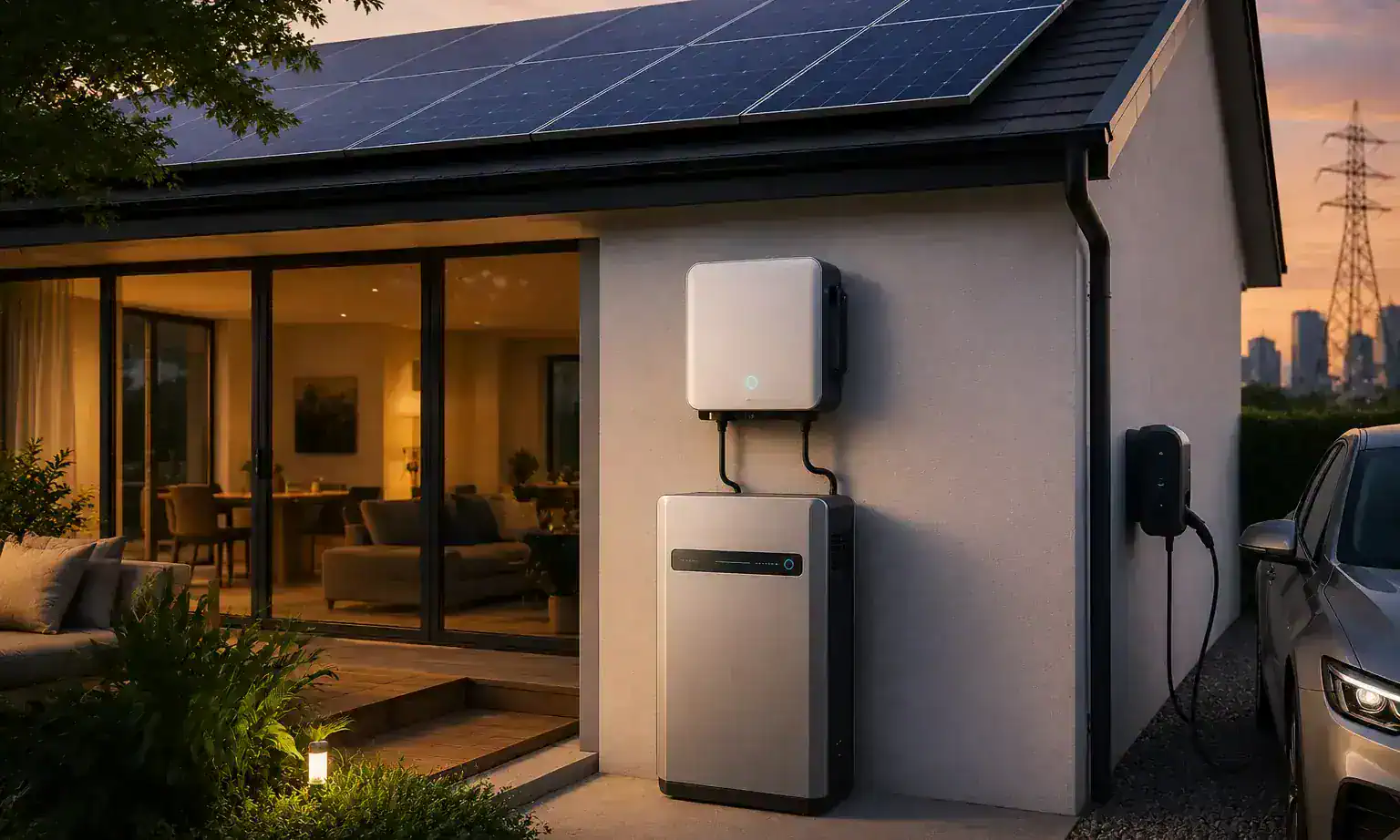 Thuisbatterij gekoppeld aan zonnepanelen en laadpaal bij een moderne woning