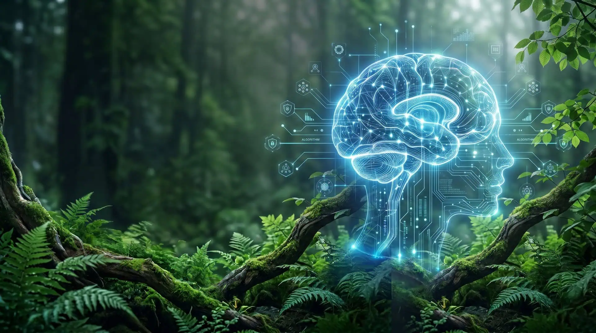 Een futuristische, lichtgevende blauwe projectie van een menselijk brein met digitale netwerkverbindingen en circuitpatronen, zwevend boven de bemoste takken van een dicht, groen bos