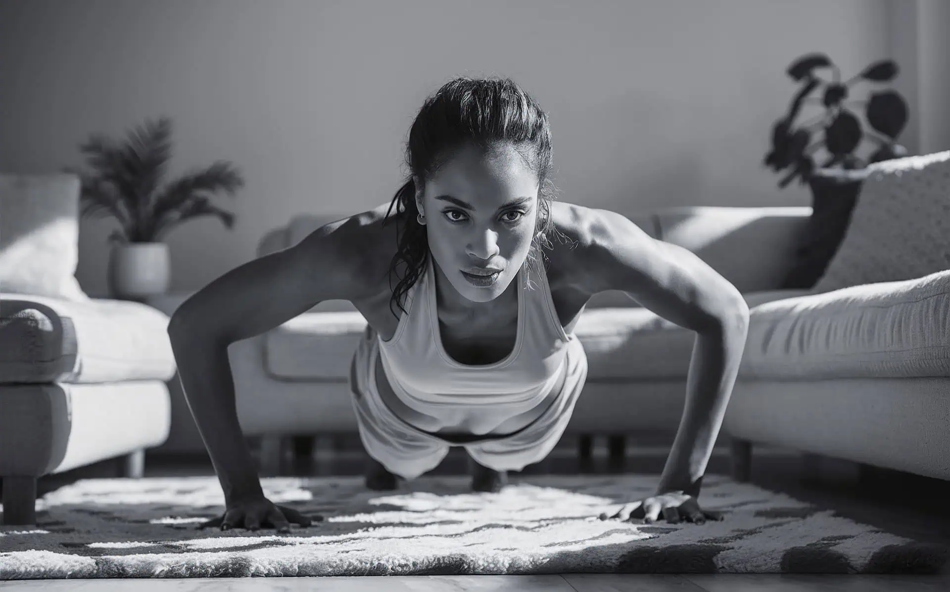 Een zwart-witfoto van een sportieve vrouw die met een geconcentreerde blik een push-up uitvoert op een kleed in een woonkamer. De belichting is sfeervol en benadrukt haar kracht en focus