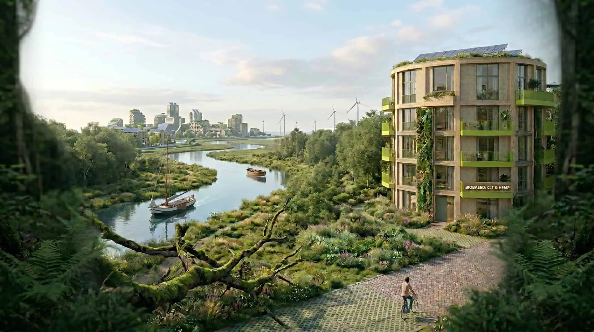 Een artist impression van een groene, circulaire stad. Op de voorgrond staat een rond, houten woongebouw met verticale tuinen en zonnepanelen, gemarkeerd met de tekst 'Biobased: CLT & Hemp'. Een kronkelende rivier met zeilboten loopt door een weelderig groen landschap richting een moderne skyline met windmolens op de achtergrond