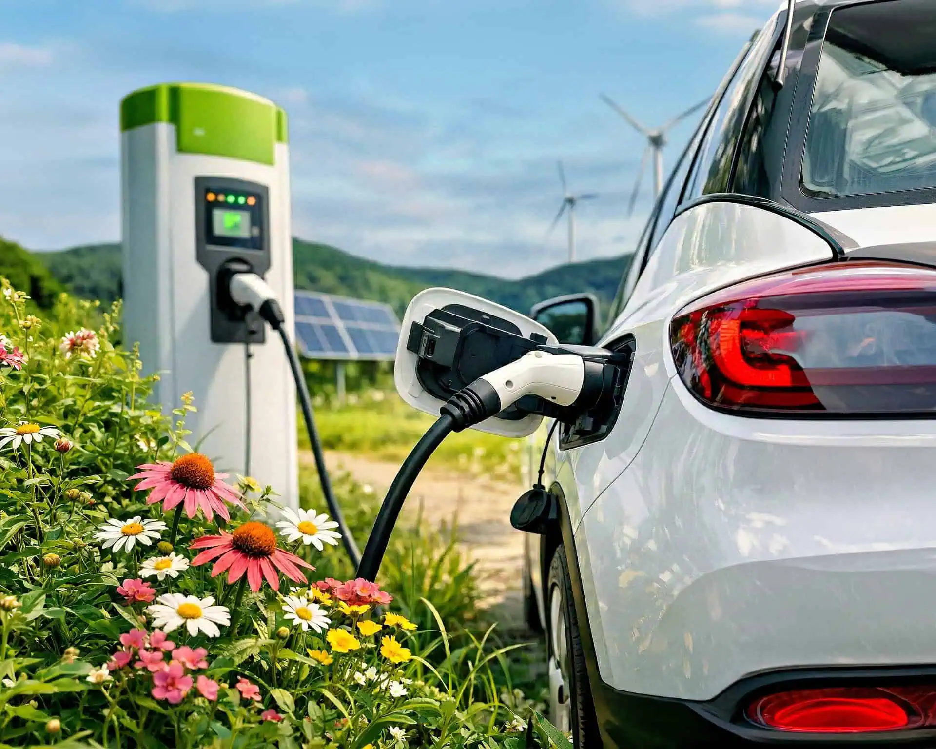 Een close-up van een witte elektrische auto die wordt opgeladen bij een modern laadstation in een weelderig, bloemrijk landschap. Op de achtergrond zijn zonnepanelen en windturbines zichtbaar onder een helderblauwe lucht