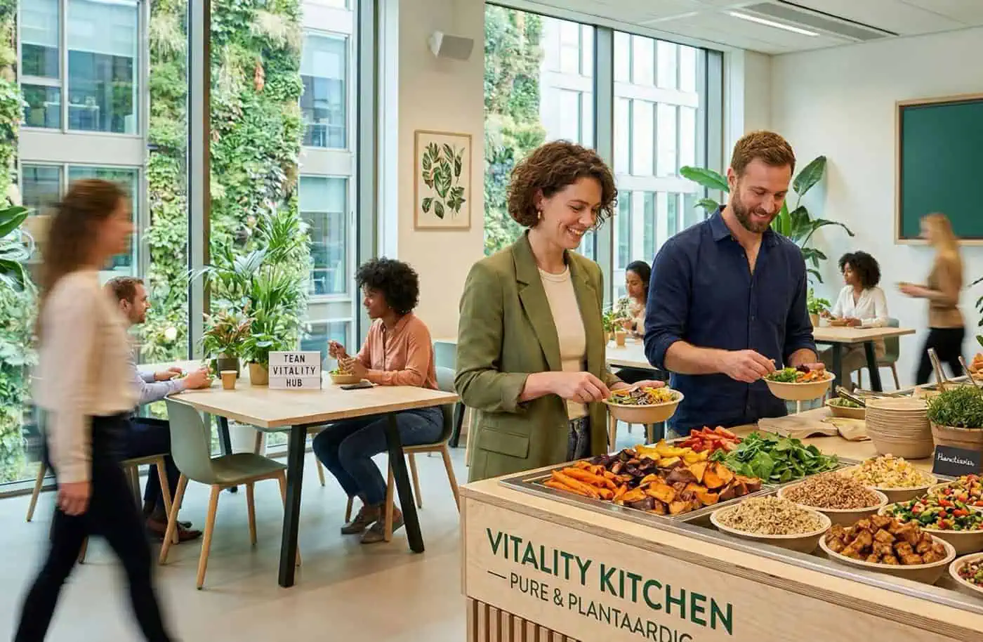 Medewerkers kiezen plantaardige maaltijden in een moderne bedrijfskantine gericht op vitaliteit