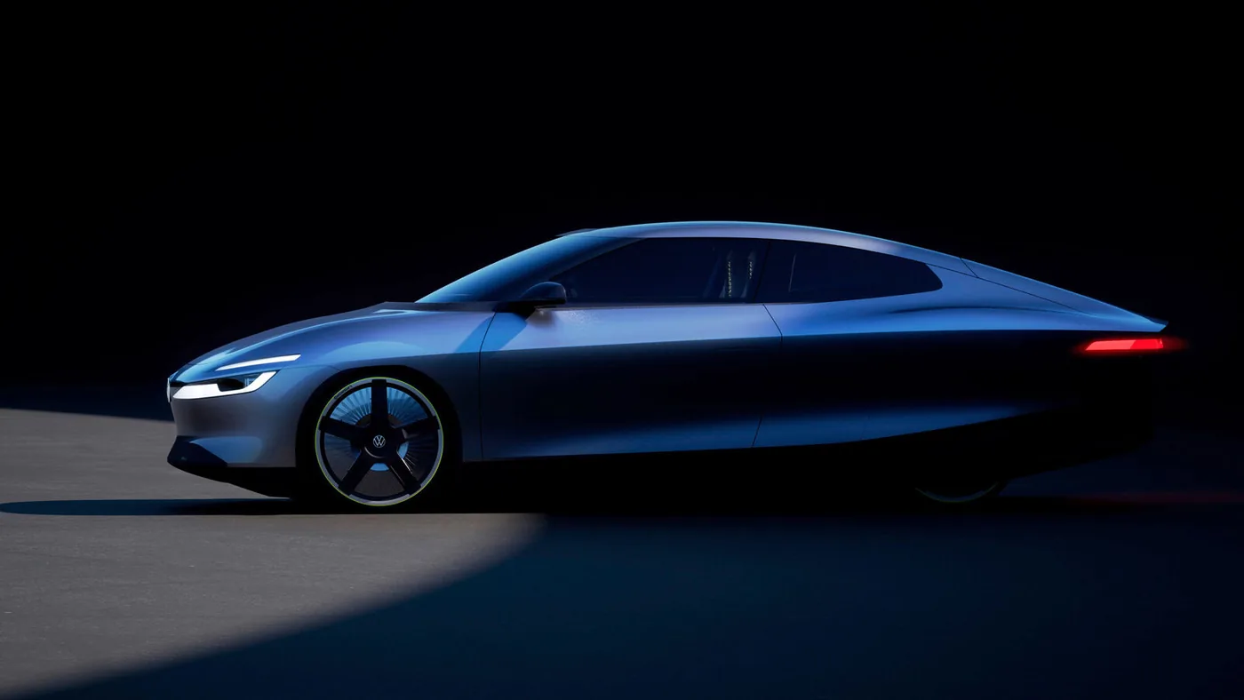 Volkswagen Mission Efficiency in zijaanzicht, met afgedekte achterwielen en gestroomlijnde carrosserie