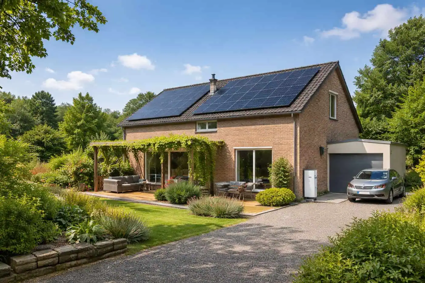 Woning met zonnepanelen op het dak gericht op efficiënt energiegebruik en zelfverbruik